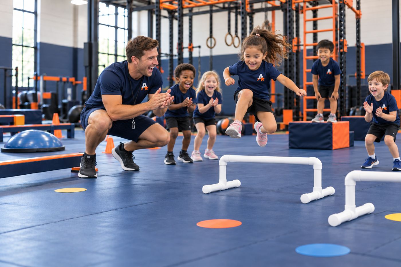 Une coach encourage un groupe d’enfants pendant un parcours de haies